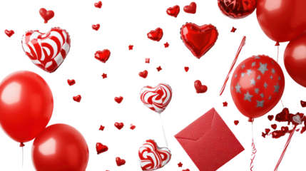 Valentine's day decorations, love hearts, balloons, gifts on transparent background