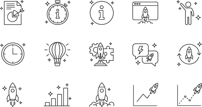 Business startup line icons set featuring rocket launch project development growth charts and creative ideas for entrepreneurship concepts.