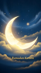Illuminated Crescent Moon in Night Sky with Stars and Clouds for Ramadan Greeting