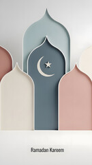 Ramadan Kareem Greeting Card with Islamic Arches and Crescent Moon Symbol