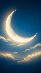 Bright Crescent Moon in Cloudy Night Sky