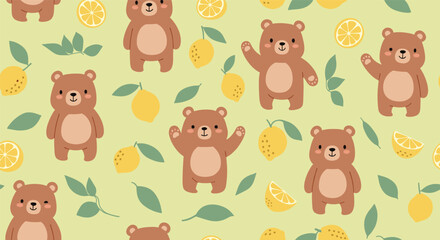 Fototapeta premium Adorable seamless pattern with cute cartoon brown bears in various happy poses among yellow lemons and green leaves.