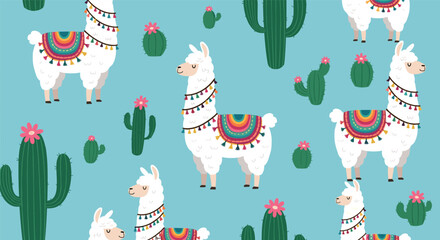 Fun seamless pattern featuring cute cartoon llamas with colorful saddles and various green cacti on a bright blue background.