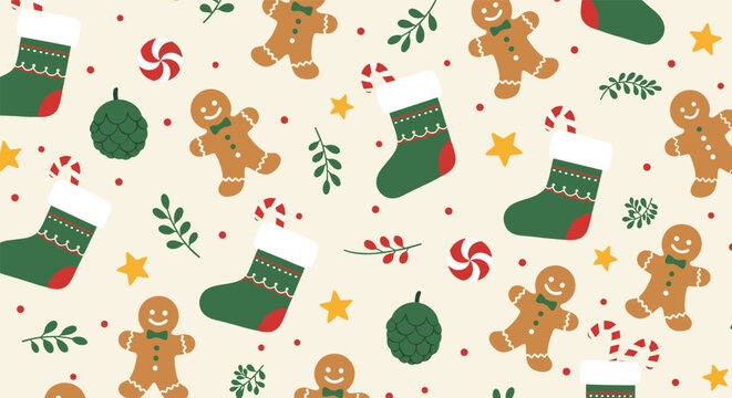 Festive seamless Christmas pattern with gingerbread men, stockings, candy canes, and ornaments on a light cream background.