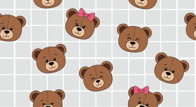 Seamless pattern with cute cartoon teddy bear faces showing different emotions on a grey and white grid background.