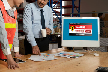 Virus warning alert on computer screen detected modish cyber threat , hacker, computer virus and malware