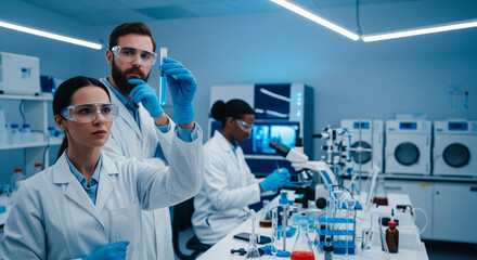 A diverse team of scientists in a modern laboratory conducts research using advanced equipment and glassware, showcasing collaboration and innovation in science.