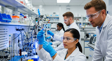 A diverse team of scientists in a modern laboratory conducts research using advanced equipment and glassware, showcasing collaboration and innovation in science.