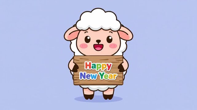 Cute sheep character holding a wooden sign with Happy New Year text. Kawaii animal mascot for holiday greetings and festive seasonal decorations. Perfect for social media and card design.