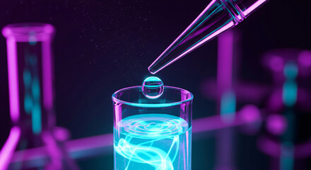 Close up of a pipette dripping liquid into a test tube with colored liquid inside them