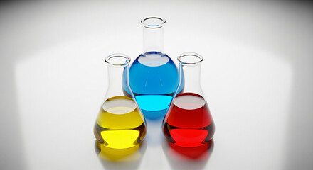 Blue, yellow, and red glass test tubes for chemistry laboratories; cylindrical containers for measuring volume in scientific and medical experiments.