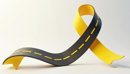 Yellow ribbon shaped like road symbolizes road safety awareness for life preservation. Campaign promotes caution on asphalt with stripes, highway driving, and vehicle transport.