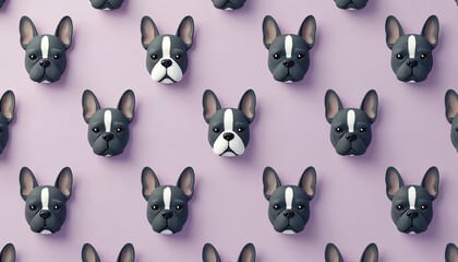 Pattern of cartoon french bulldog heads on pastel violet background. Cute dog faces repeat in orderly rows, creating a playful and simple graphic.
