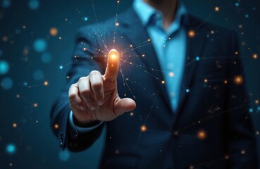 Man in suit touches glowing digital network connections. Futuristic concept of global data flow and information exchange. Future tech synergy.