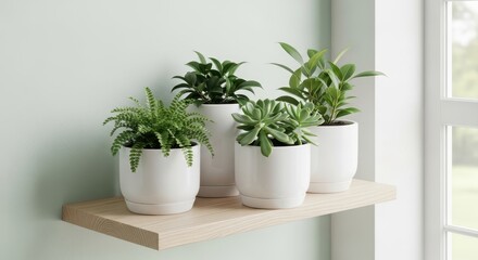 Obraz premium Several potted green plants arranged on a light wooden shelf in a bright indoor setting, showcasing natural decor elements.