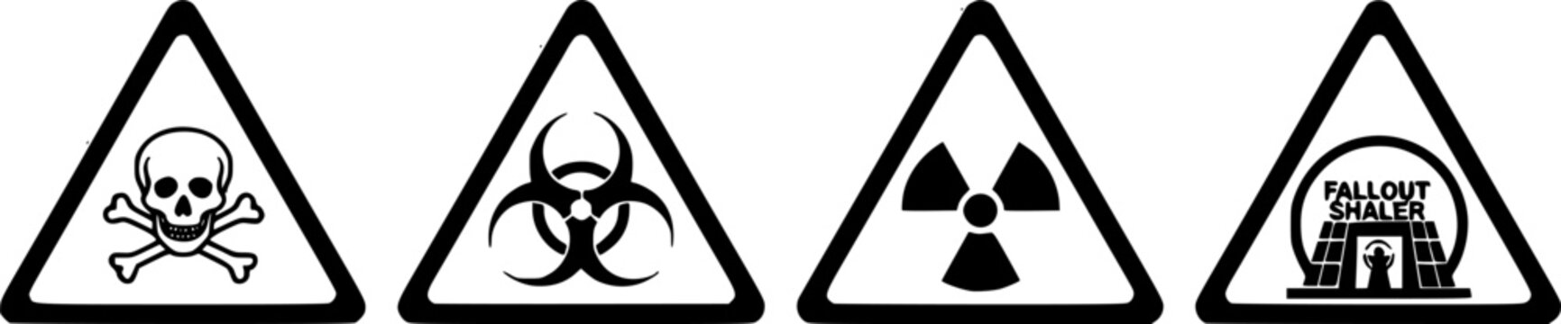 Set of warning signs with a skull, biohazard, radioactive and fallout symbols in yellow triangle sign vector illustration
