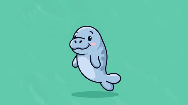 Adorable cute cartoon manatee character illustration floating in ocean water. Perfect for children's education, marine conservation graphics, website assets, and creative design projects.