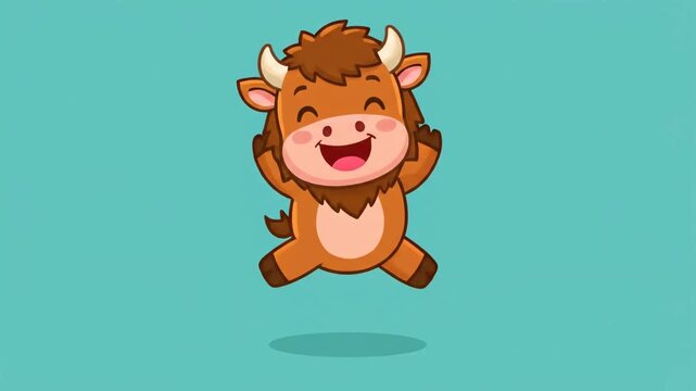 Cute happy cartoon bison character waving arms on teal background. Adorable baby bull mascot for children's books and branding. High-quality vector-style illustration for web and print.
