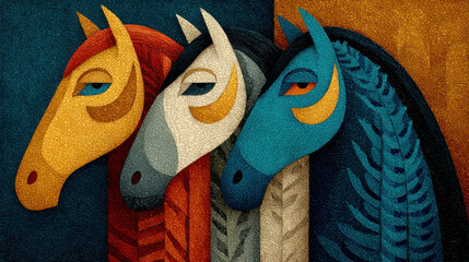 Obraz premium A stylized artistic illustration depicting three horses in a decorative and symbolic manner. 