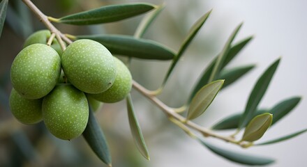 A cluster of vibrant green olives ripens on a branch, adorned with delicate leaves against a softly