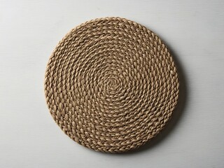 Artisanal Circular Jute Placemat on Crisp White Wooden Background