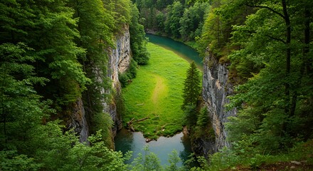 Emerald river carves through a lush, verdant gorge flanked by towering, rugged cliffs and dense