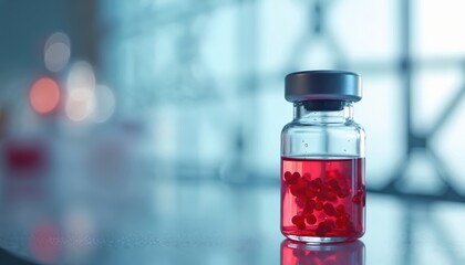 Glass vial contains red liquid and spheres. Medical research lab setting with blurred background. Scientific experiment substance in clear container. Healthcare science research bottle.