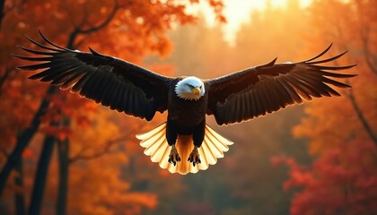 Bald eagle flies over colorful autumn forest during sunset. Majestic bird of prey with widespread wings hunts. Its feathers glow with warm orange light.