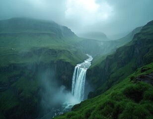 Vast green valley with powerful waterfall during heavy rain. Misty atmosphere covers mountains and dense vegetation. River flows through rocky gorge.