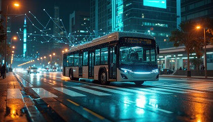 Modern autonomous bus drives on wet city street at night. Network lines connect over vehicle indicating smart tech. Futuristic transport system travels through urban landscape.