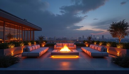 Obraz premium Modern rooftop terrace with fire pit and city view. Comfortable lounge sofas offer a place to relax. Evening ambiance with ambient lighting.