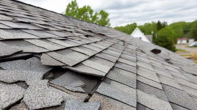 Close up of damaged asphalt shingles on a residential roof with a cloudy sky in the background.