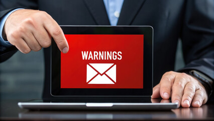 Red warning message on digital tablet screen with envelope icon and person pointing, symbolizing email alert and phishing danger