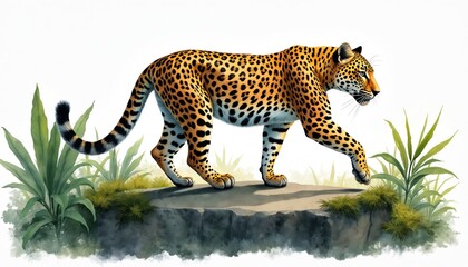 Spotted leopard walks in green jungle grass. Big cat prowls over rock ledge. Feline hunter with powerful body moves stealthily through lush foliage on safari.