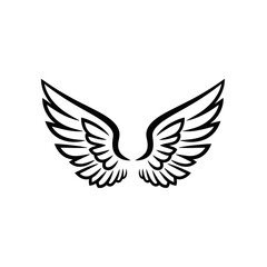 Obraz premium A stylized black and white illustration of a pair of angel wings spread wide.