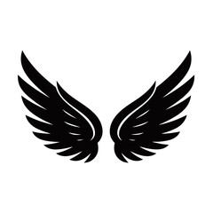 Obraz premium A striking black silhouette of a pair of angel wings, spread wide against a white background.