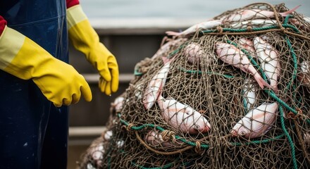 Fisherman in yellow gloves holds a full fishing net, showcasing a fresh seafood catch from the ocean.