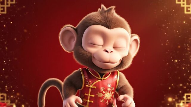 Adorable 3D animated monkey character wearing a traditional red Chinese outfit with gold embroidery, celebrating the Lunar New Year against a festive red background with golden bokeh.