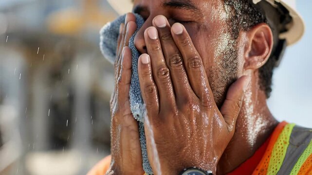 A construction worker wiping sweat from his face with a towel on a hot day, highlighting the challenges of outdoor labor.