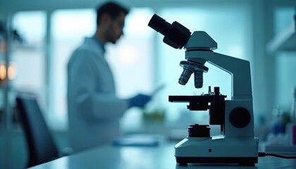 Modern inverted microscope on table. Scientist in lab coat works with tablet in blurred background. Research, chemistry, biology lab equipment.