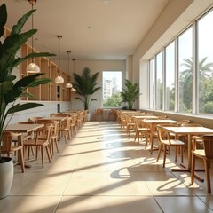 Fototapeta premium Sunlit cafe interior with many empty wooden tables and chairs. Large windows show green trees outside. Plants add life to the dining space. Modern eatery design.
