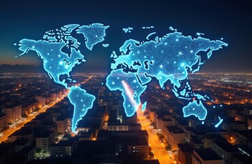 Digital map of Earth glows with connections over city skyline at night. Global data network concept with illuminated continents shows worldwide connections and information flow.