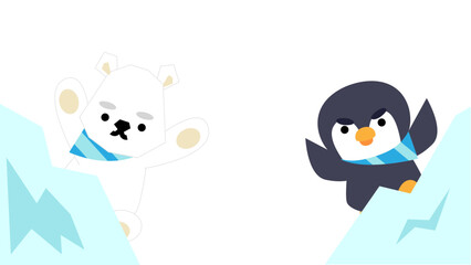 Obraz premium 氷山の上で遊ぶシロクマとペンギンのかわいいイラスト