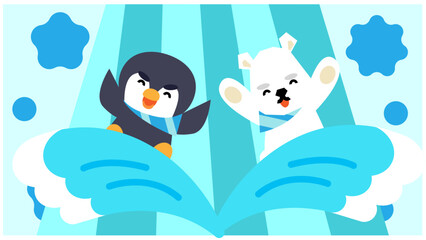 Naklejka premium 雲の上でジャンプするペンギンとシロクマのかわいいイラスト