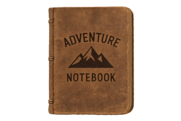 Brown leather adventure notebook with mountain logo
