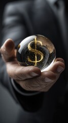 Businessman holding a glass ball with gold dollar sign. Banking support and sponsorship concept. Financial growth and investment success