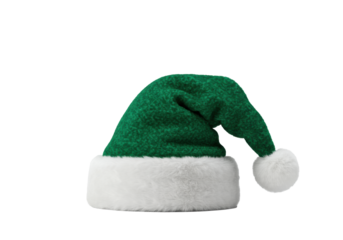 A classic Santa Claus hat of rich emerald green plush with a white faux fur brim and pompom, angled on a transparent studio background with copy space. Concept of festive holiday product