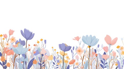A colorful illustration of a vibrant flower field with pastel hues and delicate petals on a white background