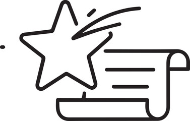 A minimalist black and white line art vector featuring a large star icon positioned above a scrolled document or certificate, symbolizing achievement, awards, or high-quality official recognition.
