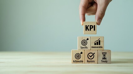 A hand arranging wooden blocks to form a KPI pyramid on a light-colored wooden table against a plain background